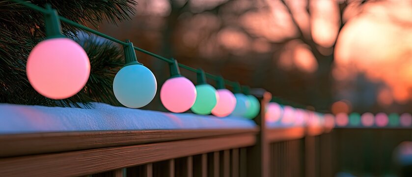 Pastel retro holiday bulbs line a snow-covered wooden deck railing at winter dusk