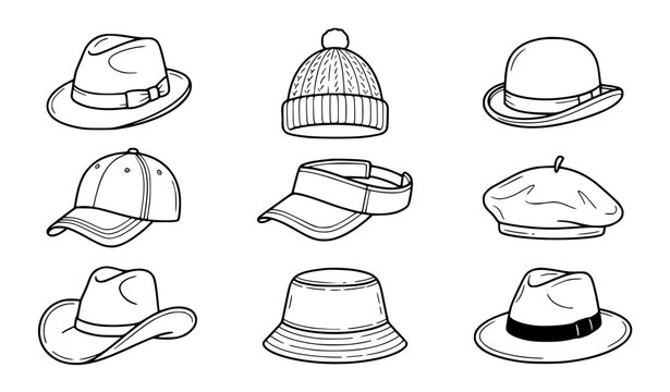 Hats doodle icons vector set with vintage fedora beanie bowler cap visor beret cowboy bucket and panama hats in thin line art style