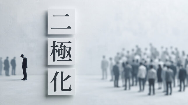 「二極化」の文字と孤立する人物を表すビジュアル素材