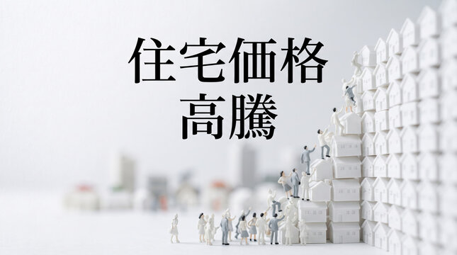 「住宅価格高騰」の文字と家へ群がる人々のイメージ概念