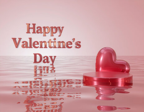 Shiny red heart floating above circular podium on rippled water surface backdrop with elegant valentine day greeting typography text design for romantic holiday celebration promotion