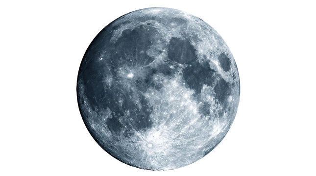 Detailed full moon showing craters and textured surface isolated on transparent background