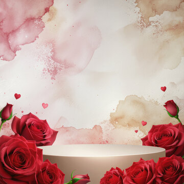 Valentine's day product display with elegant watercolor background romantic red roses and delicate hearts ethereal light, perfect for social media Instagram post banner ads website banner templates