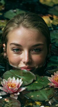 Woman swimming in a pond surrounded by flowers in bright sunlight during a warm afternoon