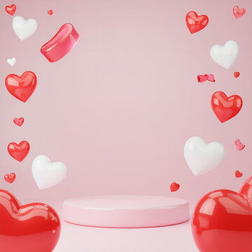 Valentine's day product display on a soft pink background with a podium, surrounded by whimsical floating hearts and sweet candy elements for social media Instagram post banner ads website banner