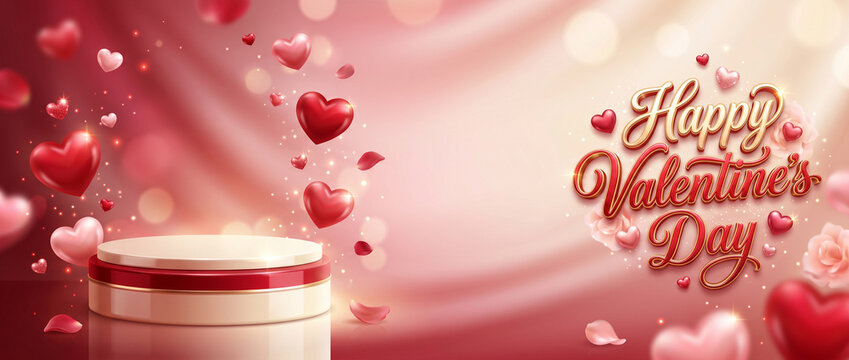 Happy valentine's day banner with a podium, surrounded by floating hearts and rose petals on a gradient pink background for social media cover banner ads website banner templates
