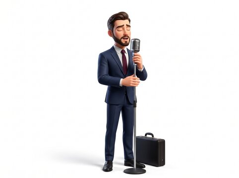 3D Businessman Mascot performing as a romantic Crooner