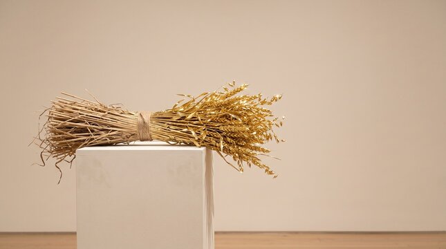 Minimalist conceptual still life of a rustic straw sheaf half-transformed into reflective gold on an off-white architectural pedestal