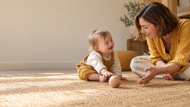 Mother and baby playing together with a wooden ball on the living room rug. Early childhood play and development. Family bonding at home. Parenting and infant care. Copy space.