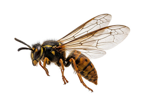 Macro shot of a yellow and black wasp hornet showing translucent detailed wings