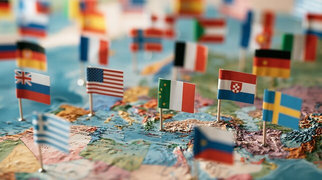 International flags pinned on world map, global geography and travel concept, world flags background