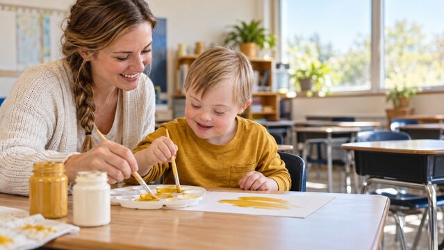Teacher helps young child paint at a classroom table. Inclusive early childhood art activity. Special education and developmental learning. Creativity, guidance and school support.
