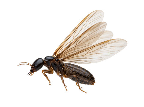 Macro view of a flying alate termite showing long translucent wings and dark body structure