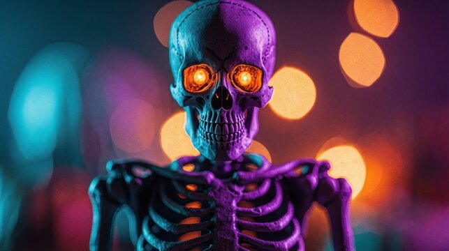 Glowing Skeleton Skull with Orange Eyes in Neon Purple and Blue Lighting
