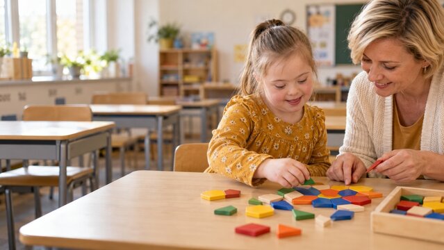 Teacher helps young girl with Down syndrome arrange colorful geometric blocks in classroom. Inclusive education and special needs learning. Early childhood development through play.