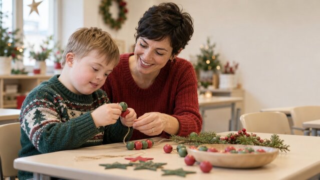 Woman and young boy making Christmas decorations together at a table. Family holiday craft activity. Seasonal tradition, creativity and quality time. Festive home celebration with copy space