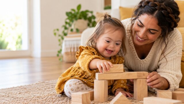Mother and toddler playing with wooden blocks on living room floor. Parent and child bonding through play at home. Early childhood development and learning. Family care, parenting