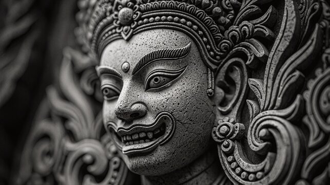 Southeast Asian Sculpture of Deva Face, Traditional Buddhist Temple Art Architecture
