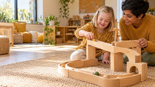 Girl with Down syndrome playing with wooden marble run beside caregiver at home. Inclusive early learning through play. Child development, caregiving and family support.