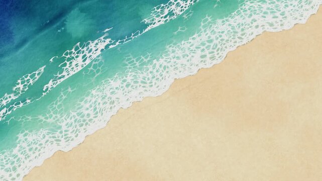 Watercolor beach from above, turquoise sea waves with white foam lace rolling onto wet sand, warm empty sand with copy space, seamless loop