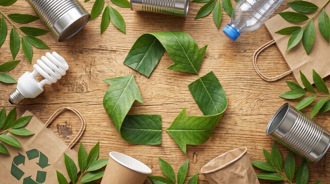 Circular Economy and Recycling with Green Leaf Arrows, Metal Cans, Paper Packaging and a Plastic Bottle