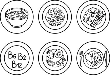  Set of circular line art icons showing healthy food plates and B complex vitamins Set of circular line art icons showing healthy food plates and B complex vitamins © MDAKTARUL