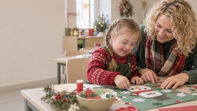 Mother and daughter making Christmas crafts together at home. Handmade holiday decorations for festive family celebrations. Seasonal creativity and bonding through arts and crafts.