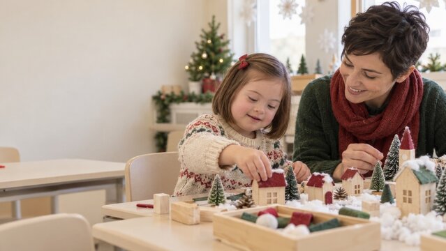 Woman and young girl arranging miniature village for Christmas at a classroom table. Holiday craft activity and family bonding. Seasonal creativity, childhood learning and festive tradition.