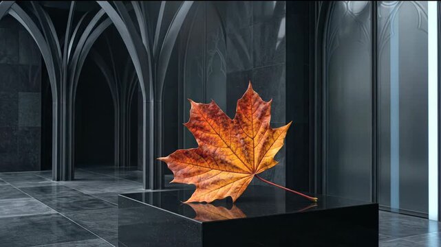 Vibrant Orange Autumn Maple Leaf on Polished Black Stone Pedestal in a Modern Neo-Gothic Architectural Interior with Elegant Dark Arches and Minimalist Luxury Copy Space