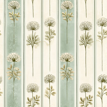 Vintage Sage Green Floral Striped Seamless Pattern