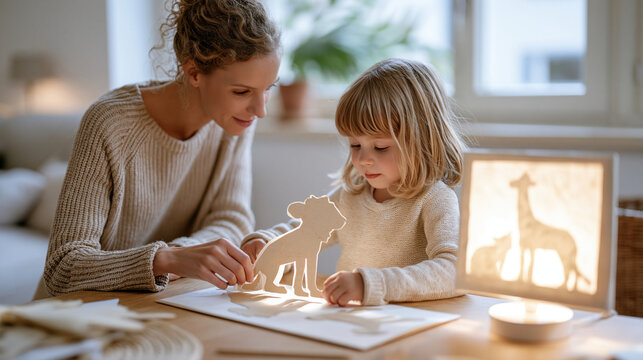 DIY shadow puppet theater, making paper animal silhouettes and setting up a small puppet screen with a lamp, family storytelling, children's creativity, handmade toys, imaginative