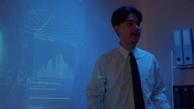 Businessman presenting futuristic holographic data with graphs and statistics during a corporate meeting in a modern office