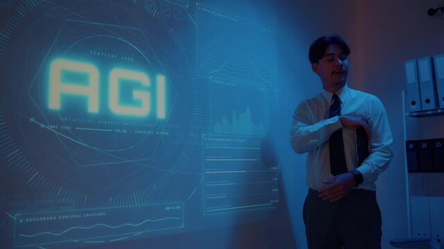 Businessman presenting AGI artificial general intelligence data on a futuristic holographic interface in a modern office