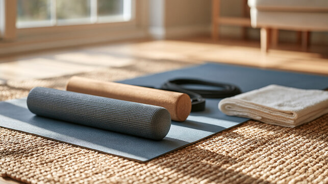 Home mobility workout setup, arranging a yoga mat, foam roller, resistance bands and exercise towel in a bright room, mobility training, stretching routine, home wellness,