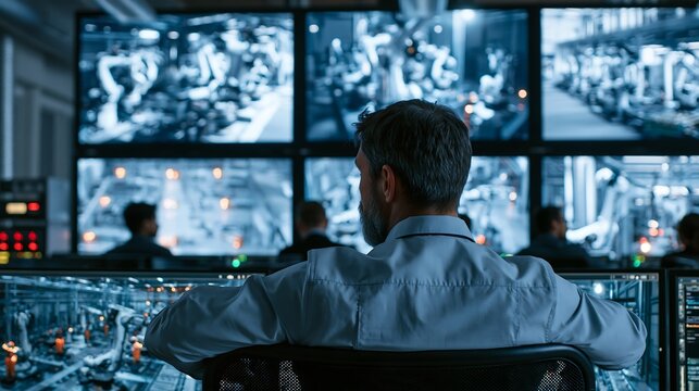 Security operator monitoring factory video feeds, automated production control room, surveillance video wall technology