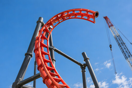 Unfinished red steel roller coaster track being assembled on dark structural supports with a construction crane under clear blue sky.