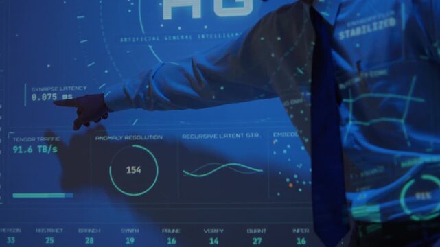 Tech developer presenting artificial general intelligence on a futuristic interactive screen with data and statistics