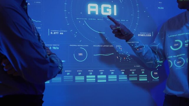 Engineers discussing artificial general intelligence data on a futuristic holographic interface for advanced analytics