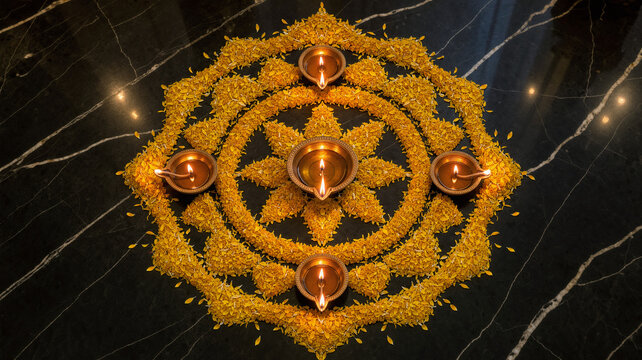 Top down flat lay view of elegant festive Indian Swagat Diwali decoration with vibrant marigold flowers and glowing brass diya lamps on black marble, generative AI