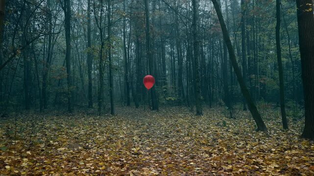 Misty autumn forest landscape with eerie red balloon, Halloween atmosphere