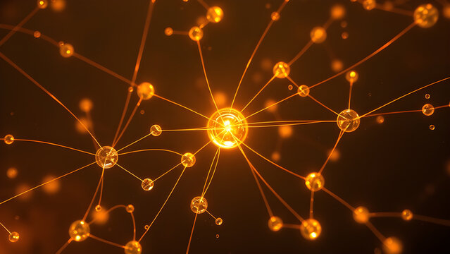 Golden glowing network nodes connected by luminous lines