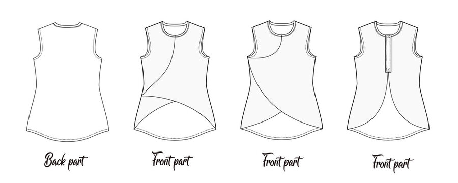 Women sleeveless t-shirt technical flat sketch collection with multiple front design variations and back view vector illustration combo set