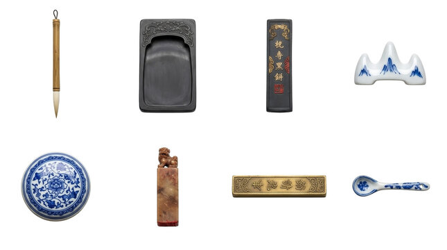 Artisan calligraphy and lettering kit with oblique pen holder, vintage metal nibs, black inkwell, brass ruler and blotting paper on white - Transparent PNG Cutout