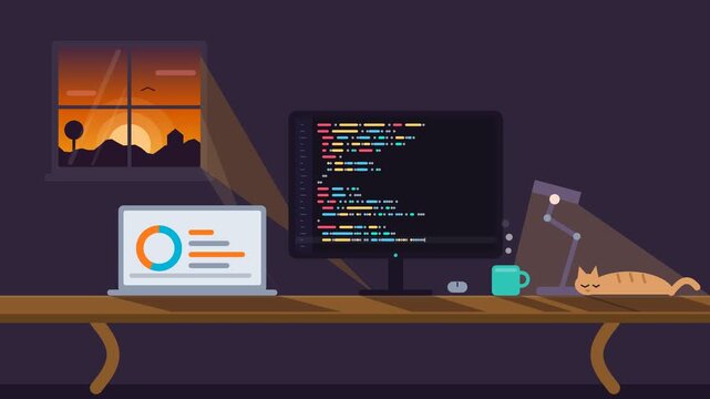 Computer coding screen with dark background and glowing text in seamless loop animation footage