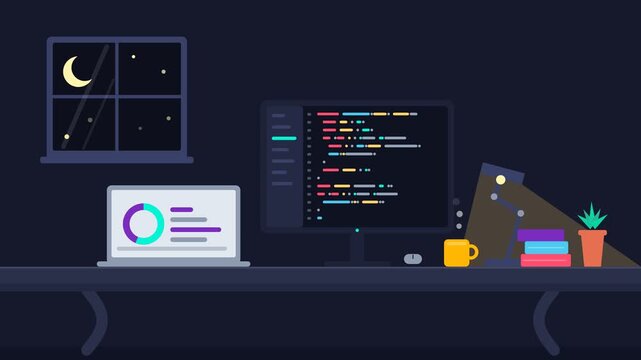Programmer workspace with dark blue theme and coding animation showing scrolling lines of code with smooth dynamic movement in a seamless loop