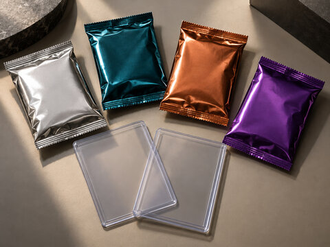 colorful metallic trading card packs and transparent holders