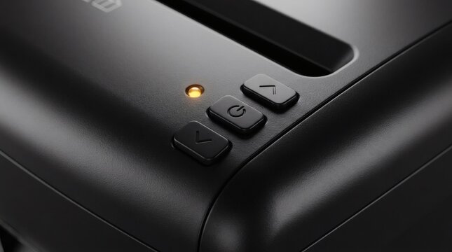 Close-up of a black electronic device control panel with power and directional buttons and an illuminated power indicator light. Focus on the textured surface and sleek design.