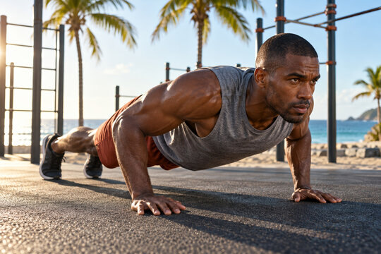 athletic man doing push ups beside the beach
