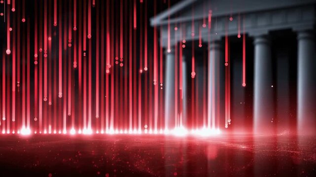 Abstract representation of a building with cascading red lights signifying data loss or financial crisis. ..Created with Generative AI, not depicting real subjects.