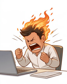 Furious Businessman on Fire: An animated businessman sits at his desk, his hair ablaze and his face contorted in rage as he screams and clenches his fists in frustration.